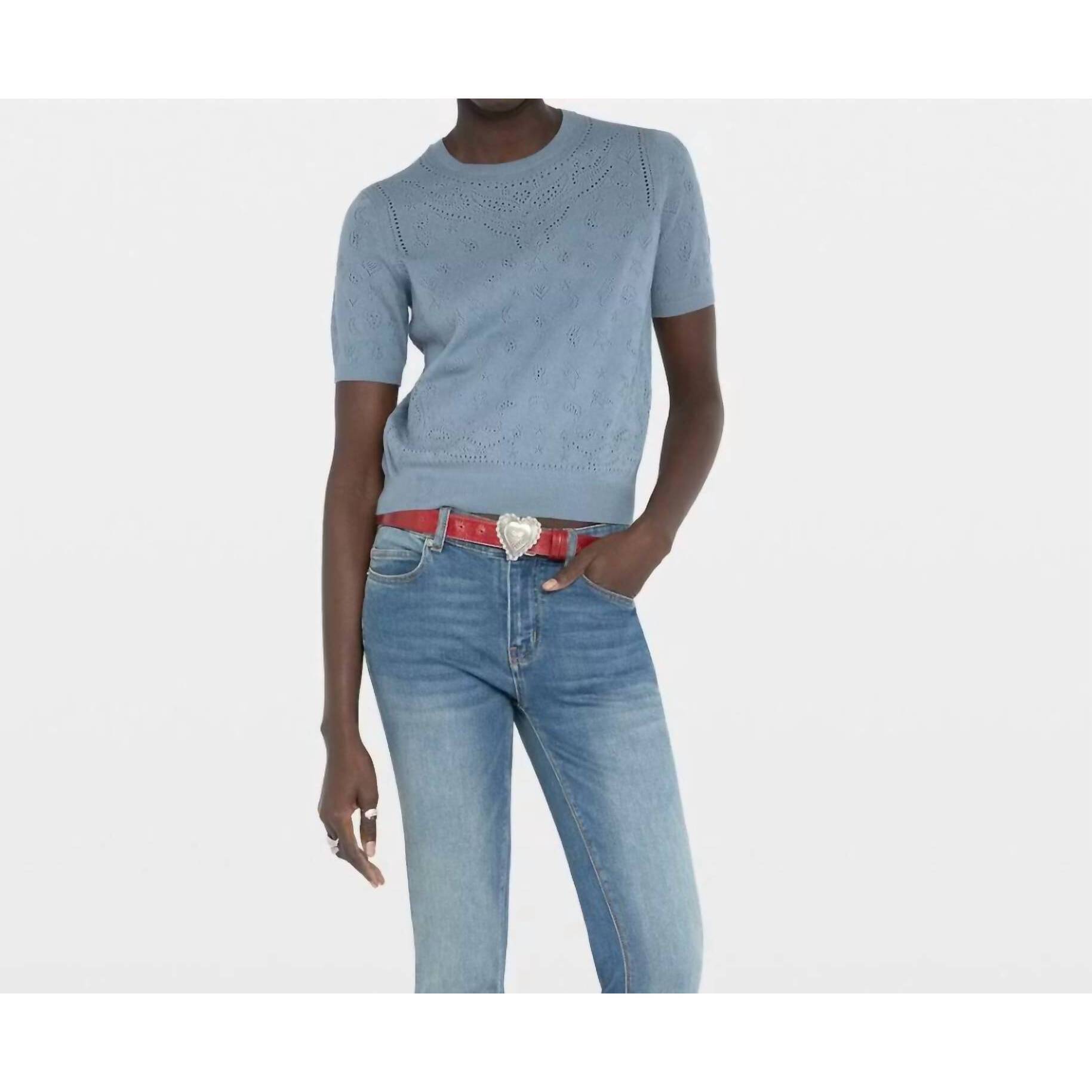 New Zadig & Voltaire Dolly Crewneck Short Sleeve Pointelle Sweater In Blue